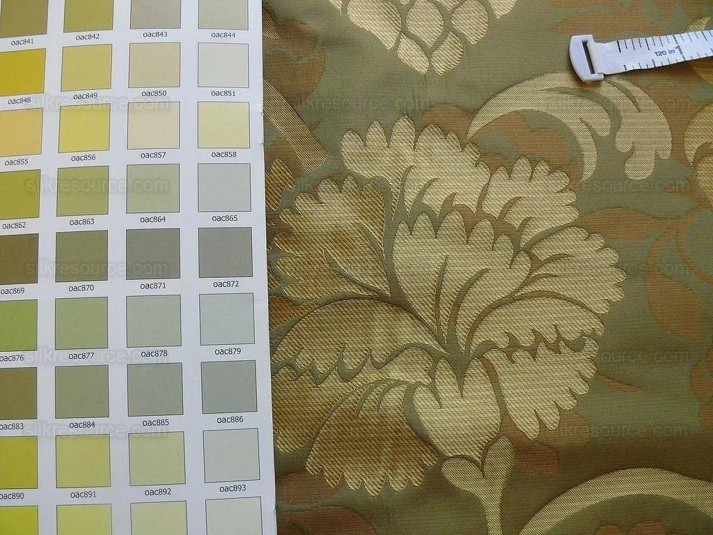 100% Silk Lampas Carnation Crewel "sage" Green Gold Brown Reversible Layered