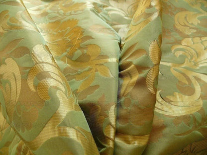 100% Silk Lampas Carnation Crewel "sage" Green Gold Brown Reversible Layered