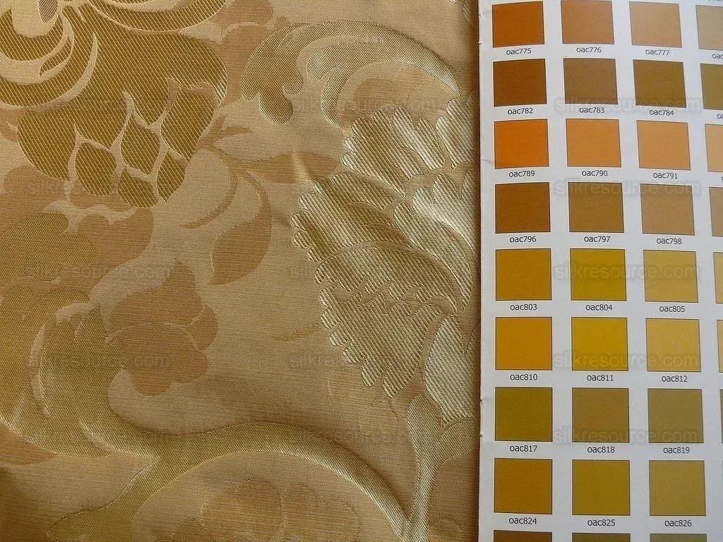 100% Silk Lampas Carnation Crewel "flaxen" Tan Gold Reversible Layered