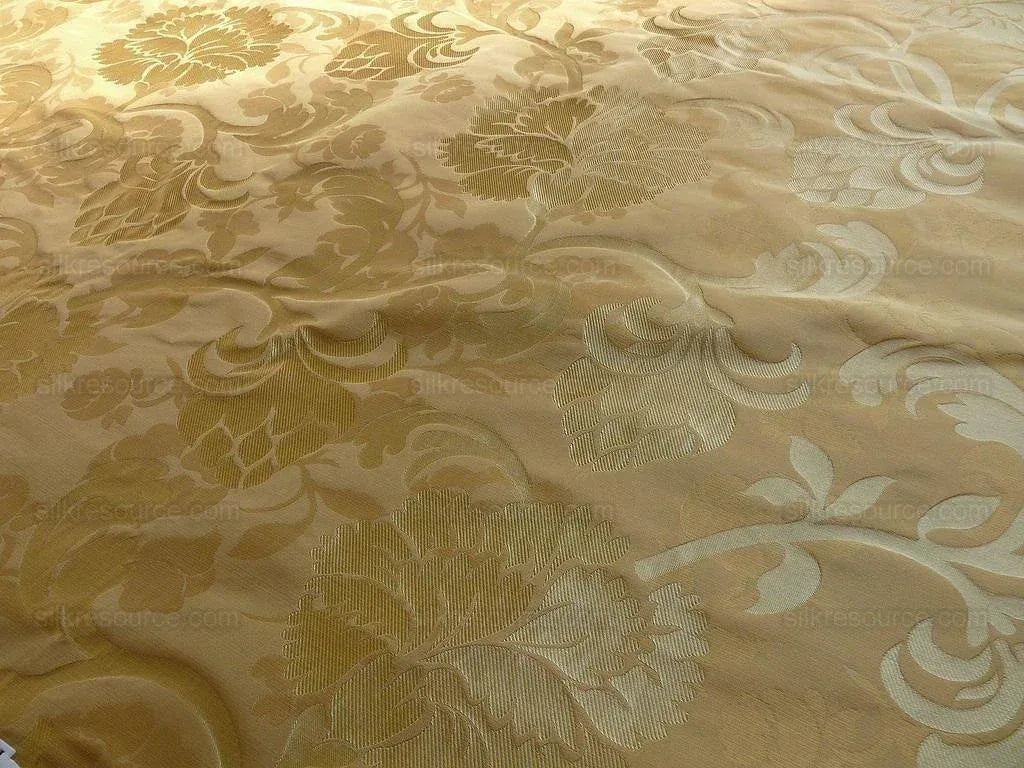 100% Silk Lampas Carnation Crewel "flaxen" Tan Gold Reversible Layered