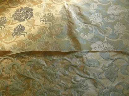 High End 100% Silk Lampas Carnation Crewel "water Blue" Gold Aqua Reversible Layered