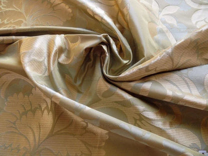 High End 100% Silk Lampas Carnation Crewel "water Blue" Gold Aqua Reversible Layered