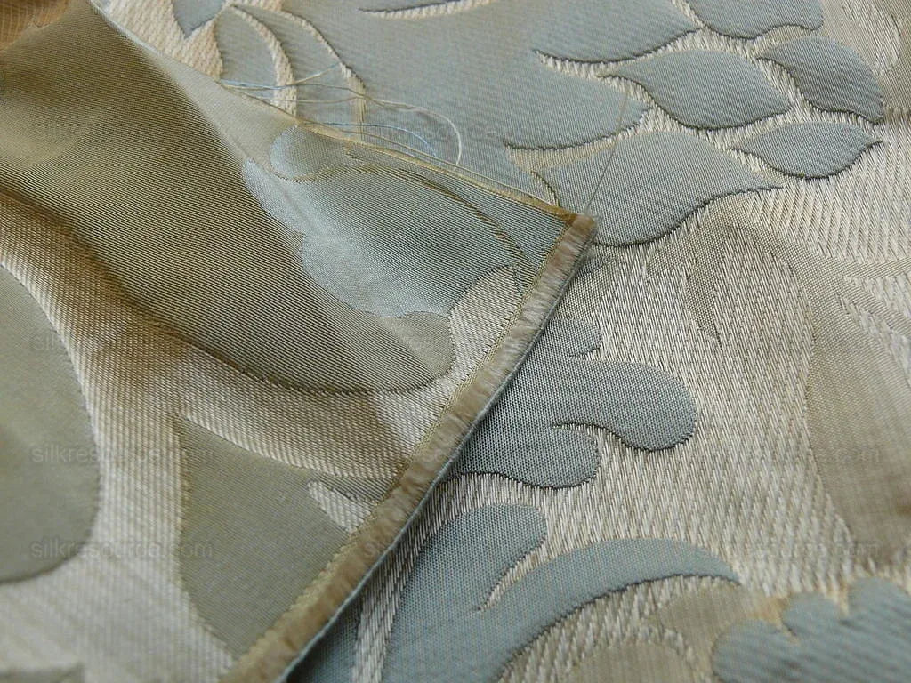 High End 100% Silk Lampas Carnation Crewel "water Blue" Gold Aqua Reversible Layered