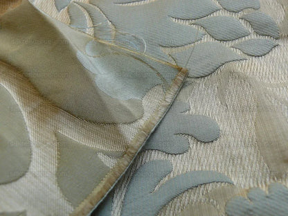 High End 100% Silk Lampas Carnation Crewel "water Blue" Gold Aqua Reversible Layered