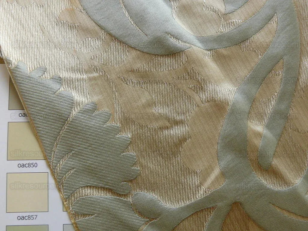 High End 100% Silk Lampas Carnation Crewel "water Blue" Gold Aqua Reversible Layered