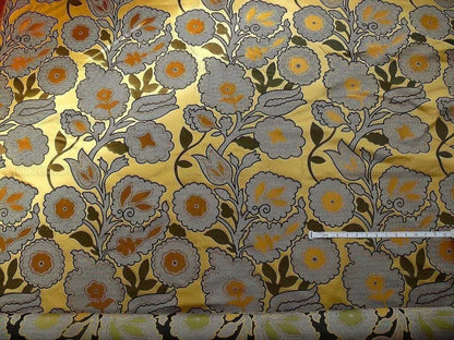 100% Silk Lampas Large Art Deco Flower Vine "deco" Khaki