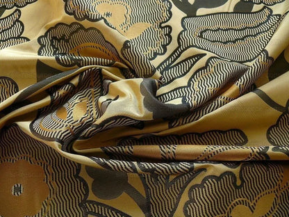 100% Silk Lampas Large Art Deco Flower Vine "deco" Khaki