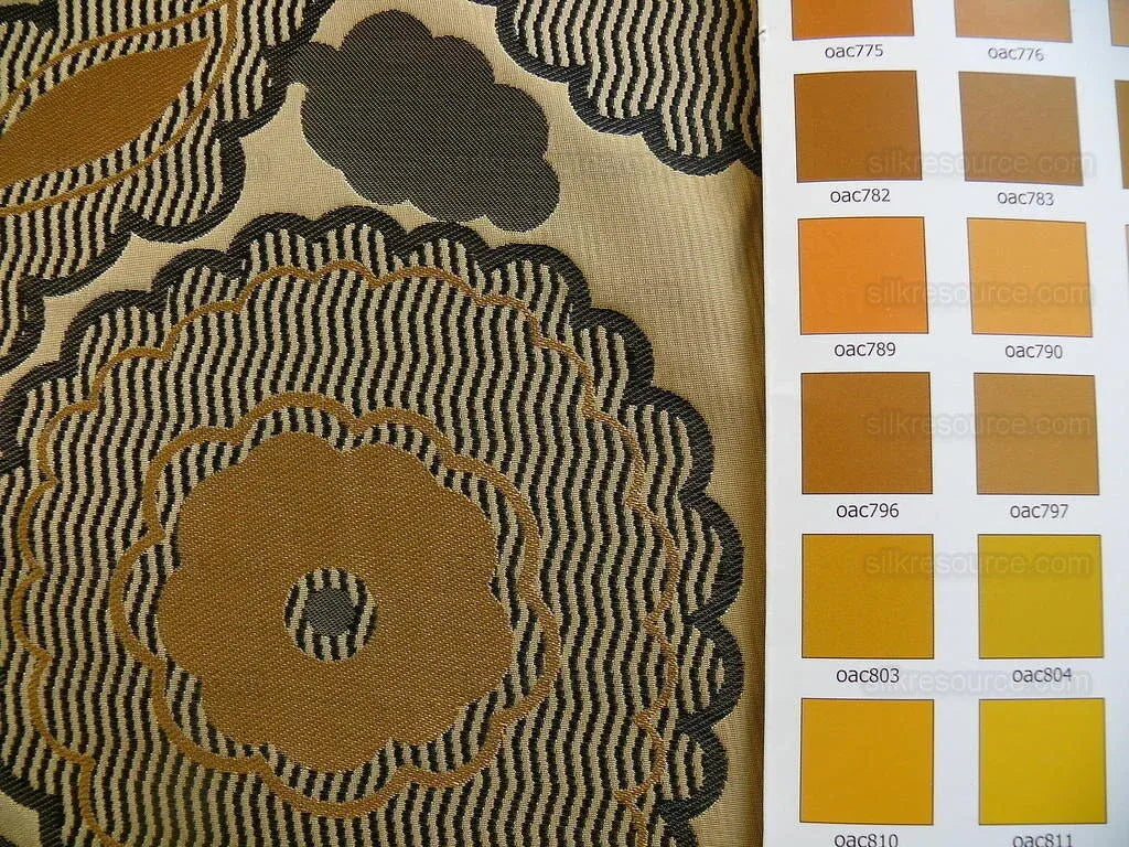 100% Silk Lampas Large Art Deco Flower Vine "deco" Khaki