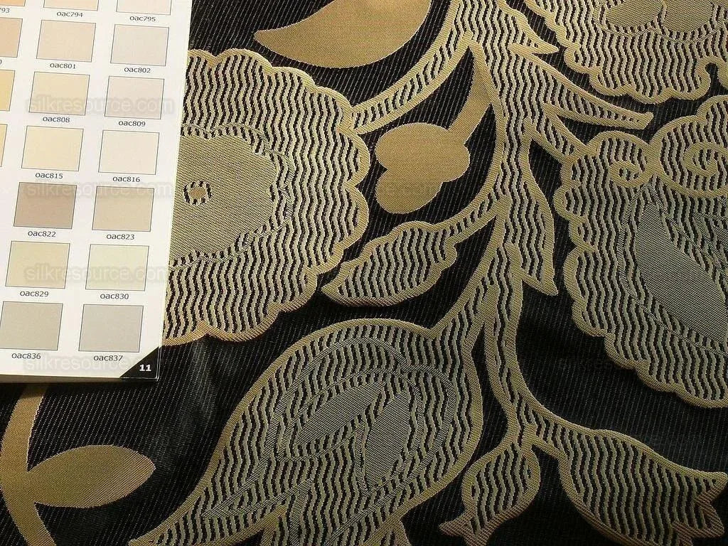 100% Silk Lampas Large Art Deco Flower Vine "deco" Khaki