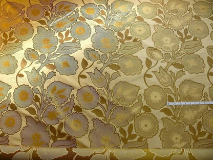 by yard 100% Silk Lampas Large Art Deco Flower Vine "golden" Gold