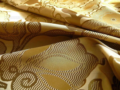 by yard 100% Silk Lampas Large Art Deco Flower Vine "golden" Gold