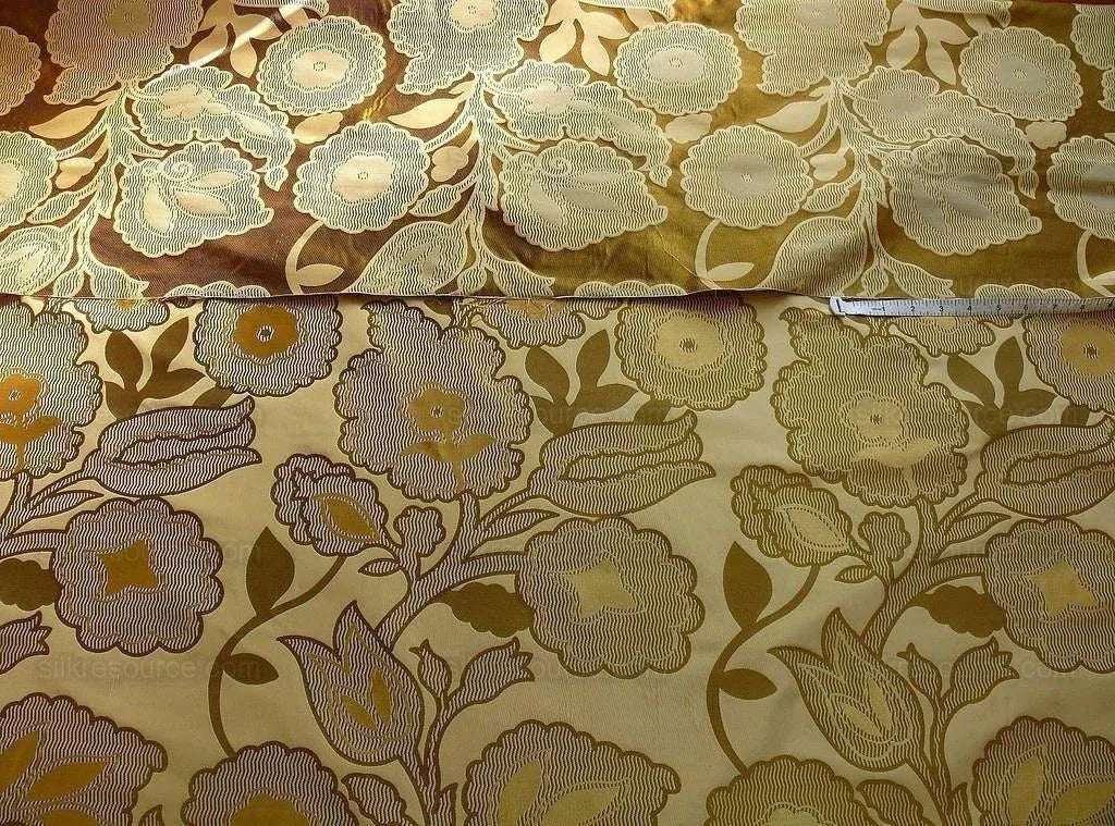 by yard 100% Silk Lampas Large Art Deco Flower Vine "golden" Gold