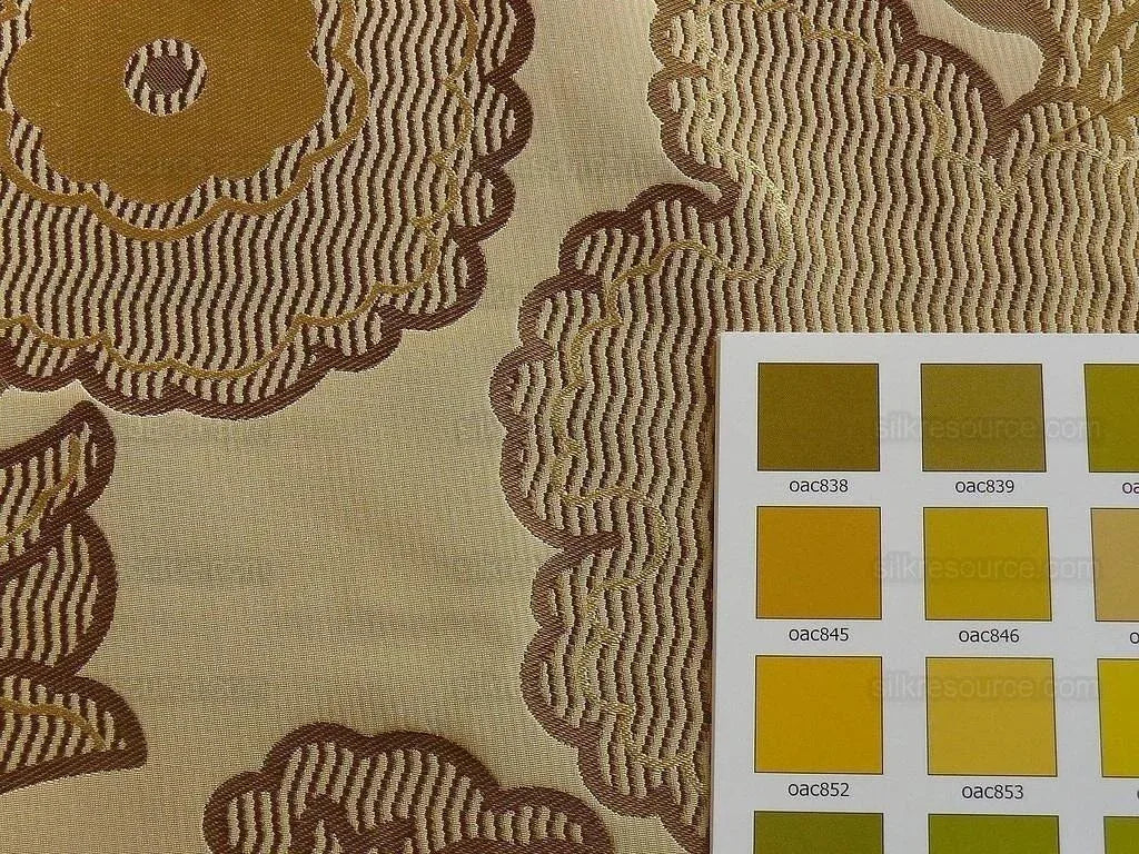 by yard 100% Silk Lampas Large Art Deco Flower Vine "golden" Gold