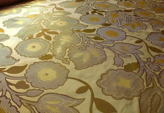 by yard 100% Silk Lampas Large Art Deco Flower Vine "golden" Gold