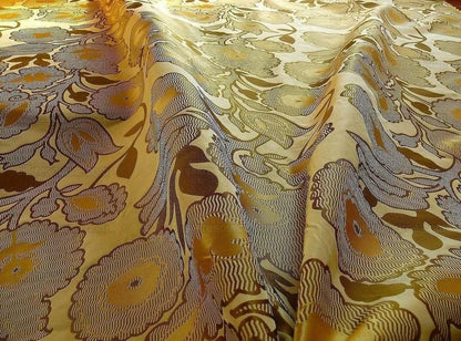 by yard 100% Silk Lampas Large Art Deco Flower Vine "golden" Gold