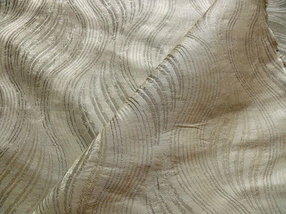 by yard 100% Silk Lampas Curvy Modern River "silver" Gold White Art Nouveau