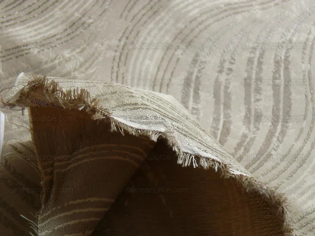 by yard 100% Silk Lampas Curvy Modern River "silver" Gold White Art Nouveau