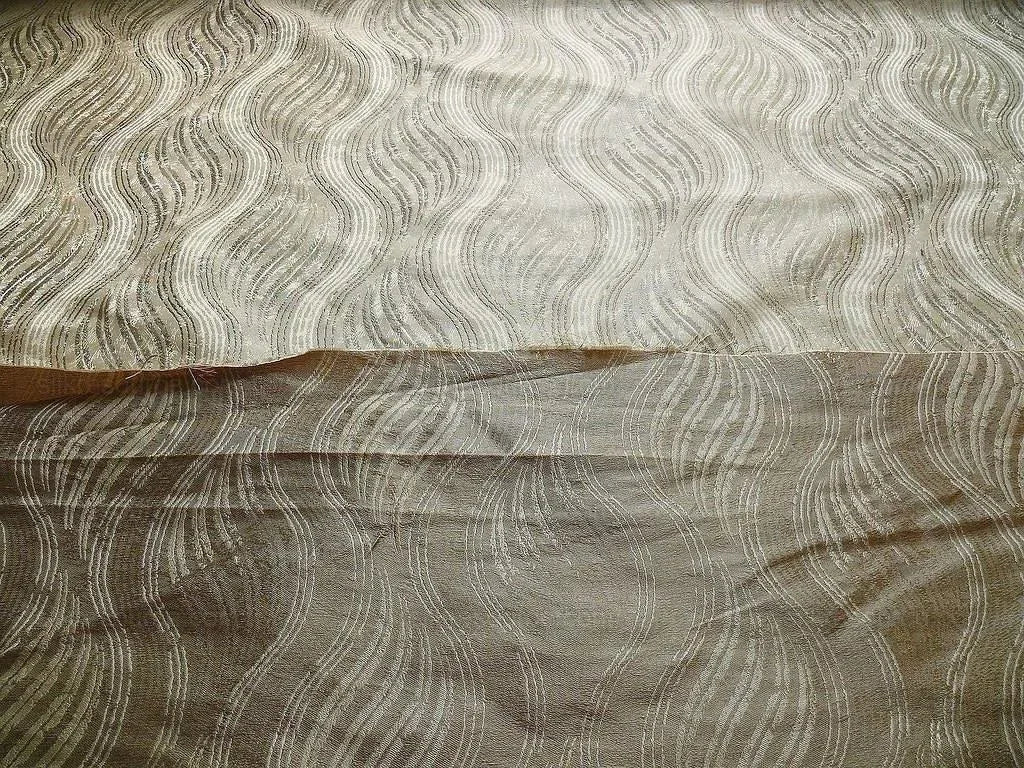 by yard 100% Silk Lampas Curvy Modern River "silver" Gold White Art Nouveau