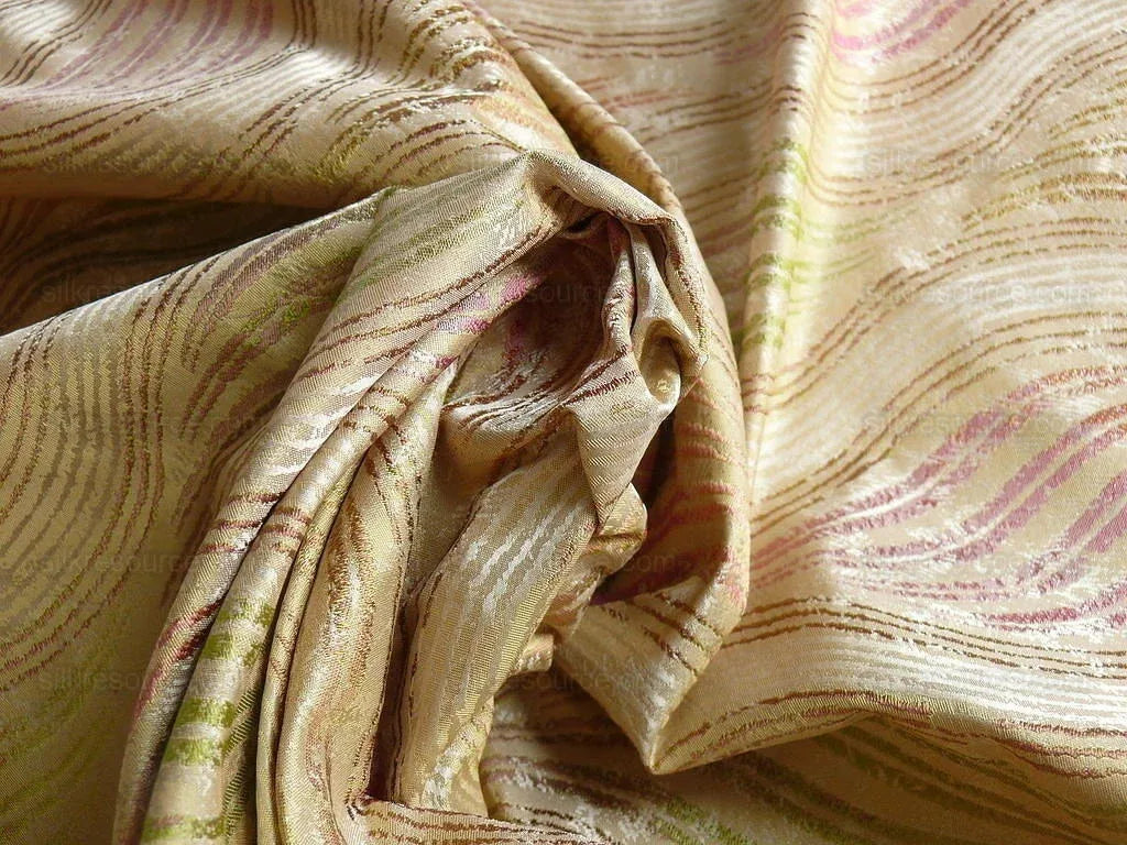 by yard 100% Silk Lampas Curvy Modern River "candy" Pink Beige Green Art Nouveau