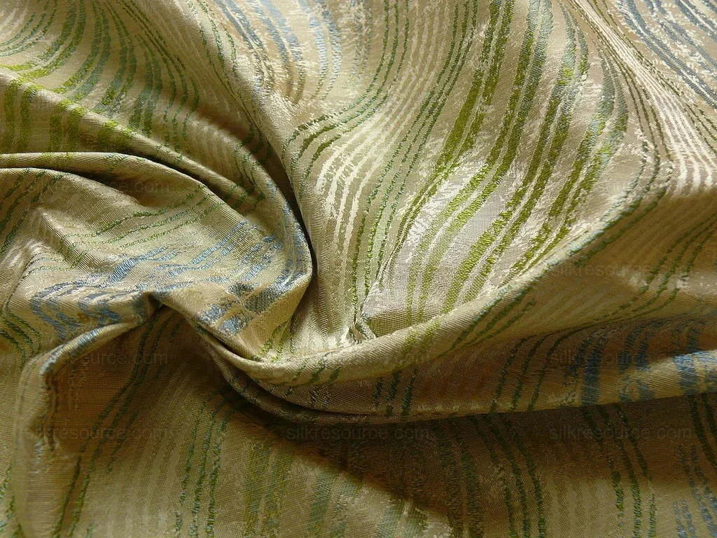100% Silk Lampas Curvy Modern River "peridot" Green Blue Art Nouveau