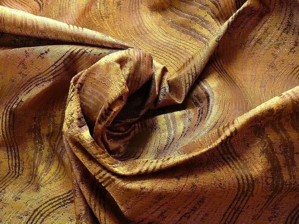 100% Silk Lampas Curvy Modern River "java" Brown Gold Art Nouveau