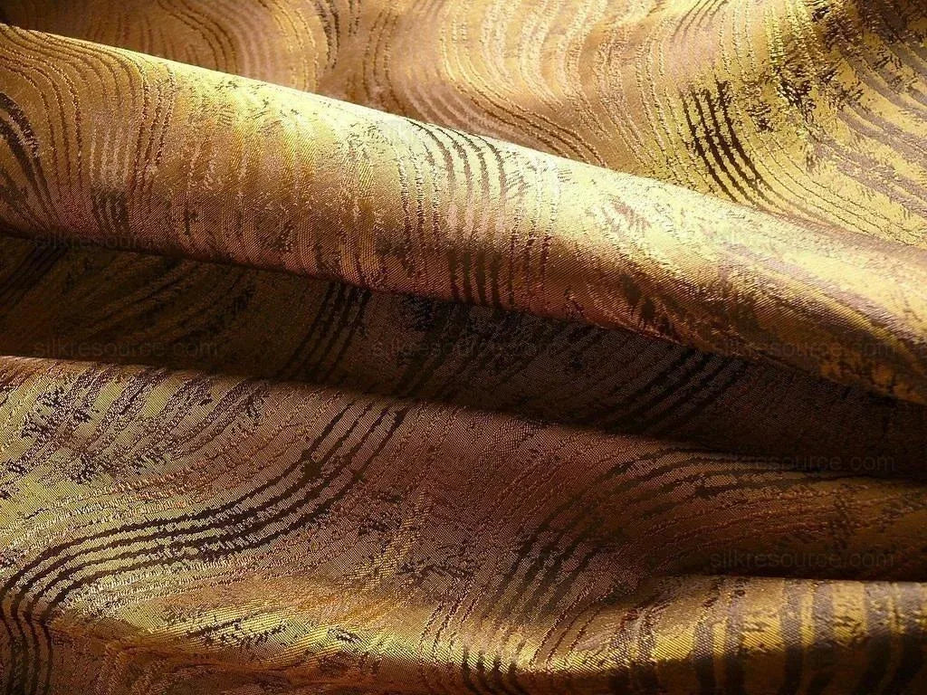100% Silk Lampas Curvy Modern River "java" Brown Gold Art Nouveau