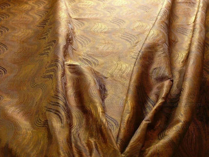 100% Silk Lampas Curvy Modern River "java" Brown Gold Art Nouveau