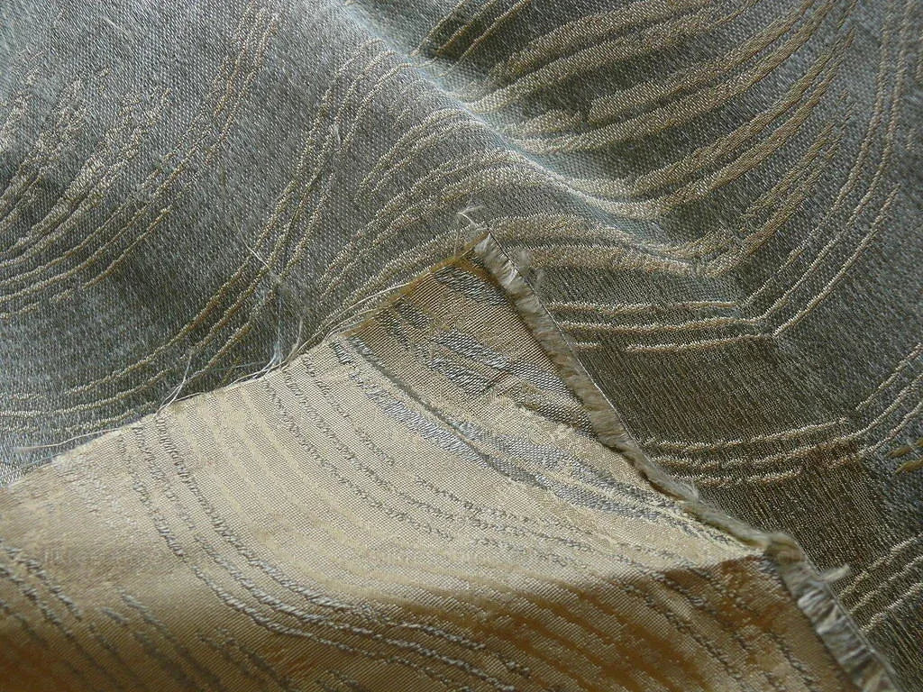 by yard 100% Silk Lampas Curvy Modern River "spa" Silver Blue Gold Art Nouveau