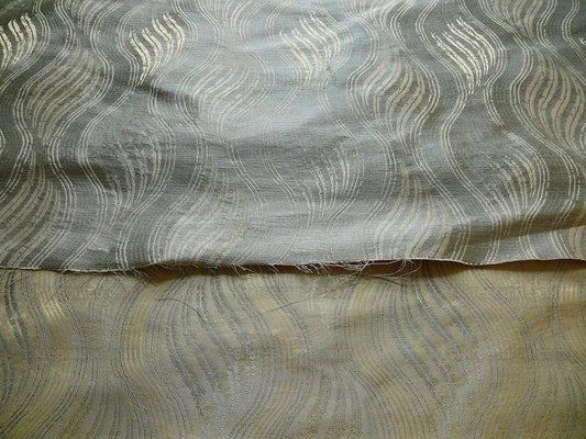 by yard 100% Silk Lampas Curvy Modern River "spa" Silver Blue Gold Art Nouveau