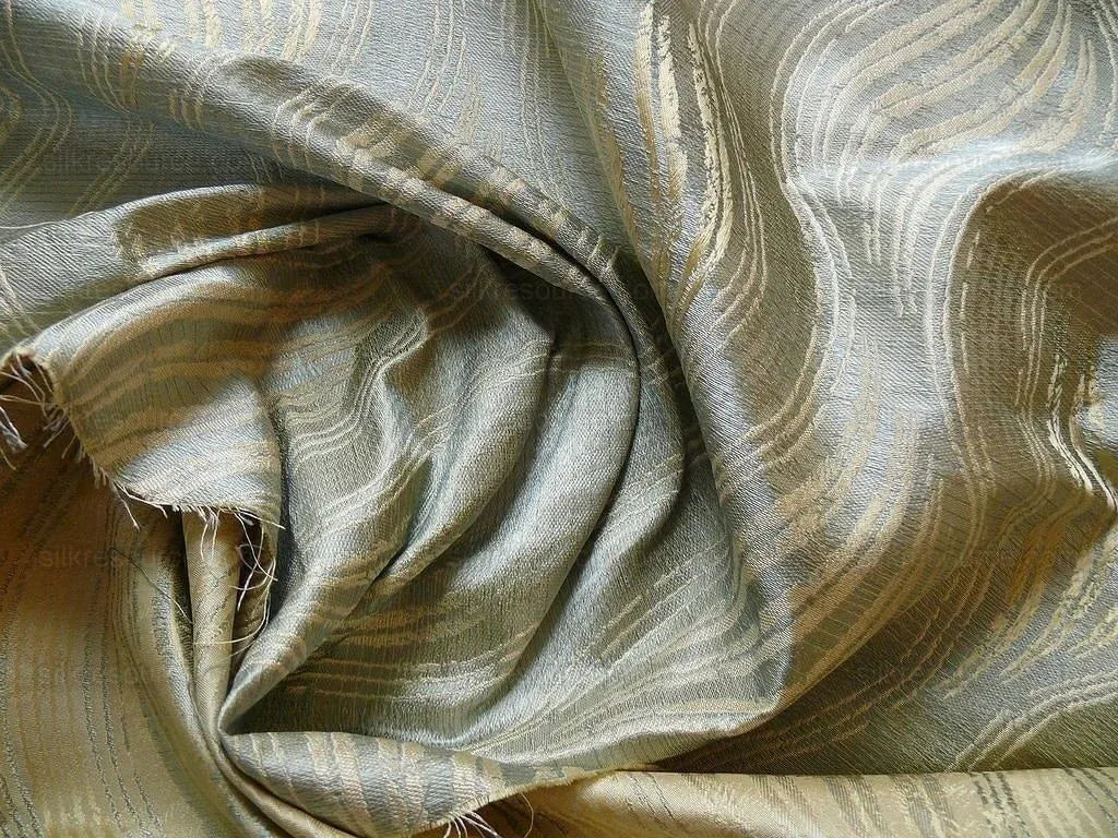 by yard 100% Silk Lampas Curvy Modern River "spa" Silver Blue Gold Art Nouveau