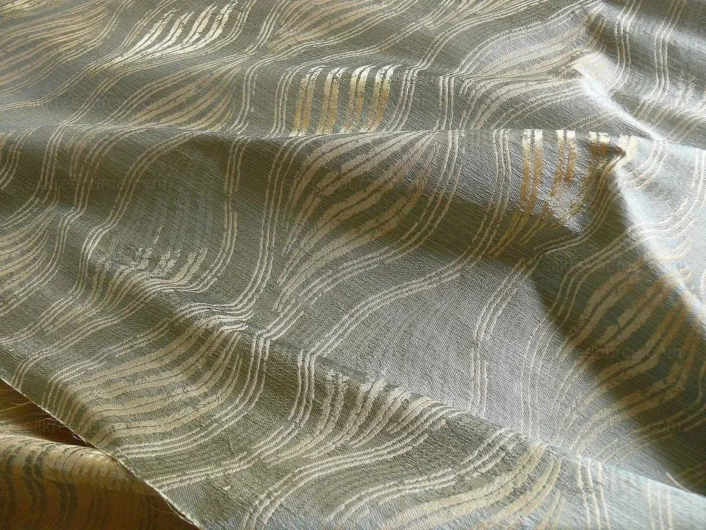 by yard 100% Silk Lampas Curvy Modern River "spa" Silver Blue Gold Art Nouveau