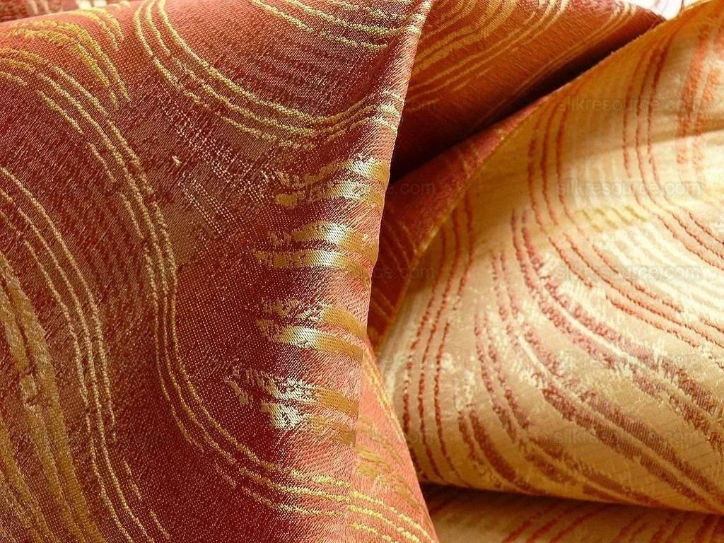 by yard 100% Silk Lampas Curvy Modern River "spice" Red Brown Gold Art Nouveau