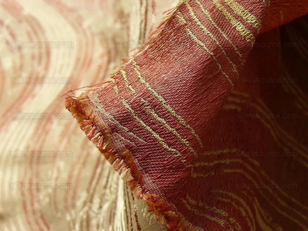 by yard 100% Silk Lampas Curvy Modern River "spice" Red Brown Gold Art Nouveau