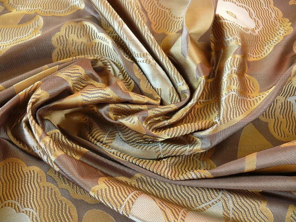 100% Silk Lampas Large Art Deco Flower Vine "sepia" Brown