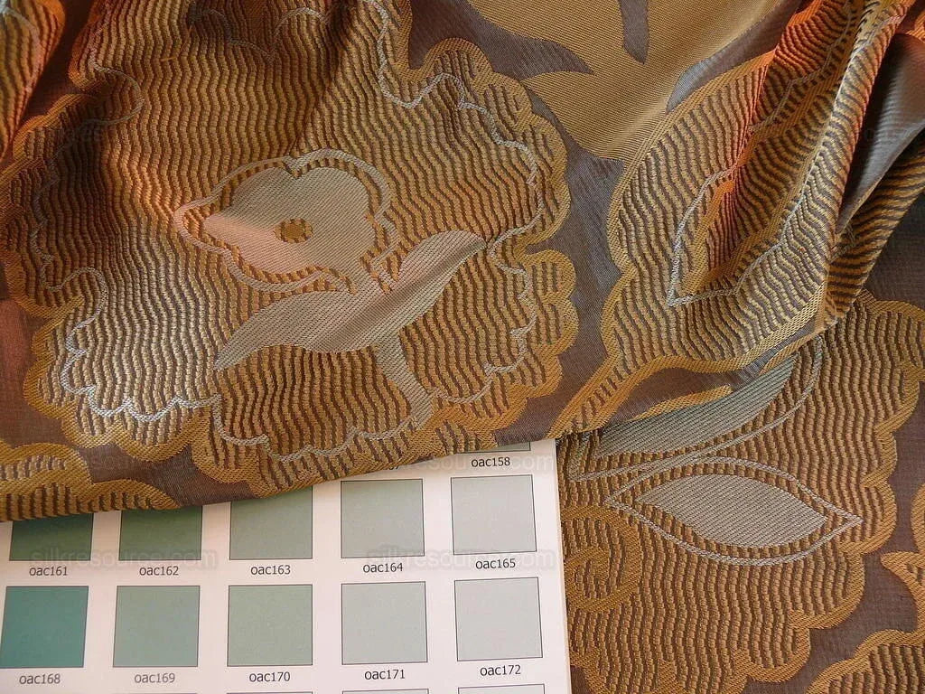 100% Silk Lampas Large Art Deco Flower Vine "sepia" Brown