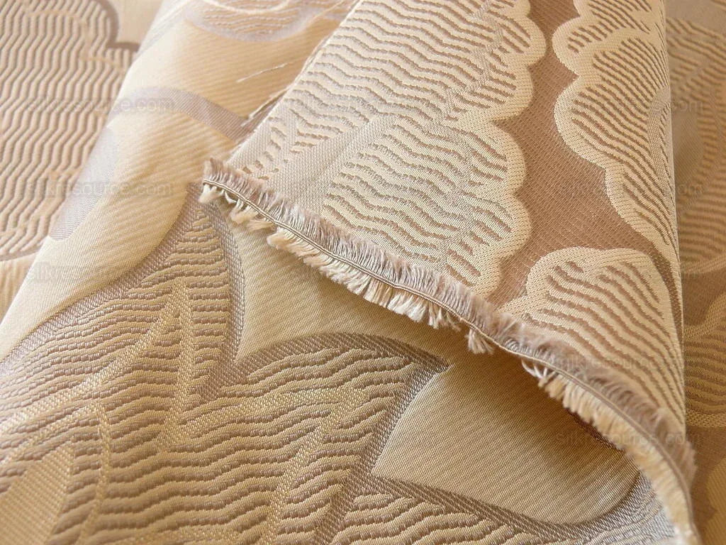 100% Silk Lampas Large Art Deco Flower Vine "tawny" Tan