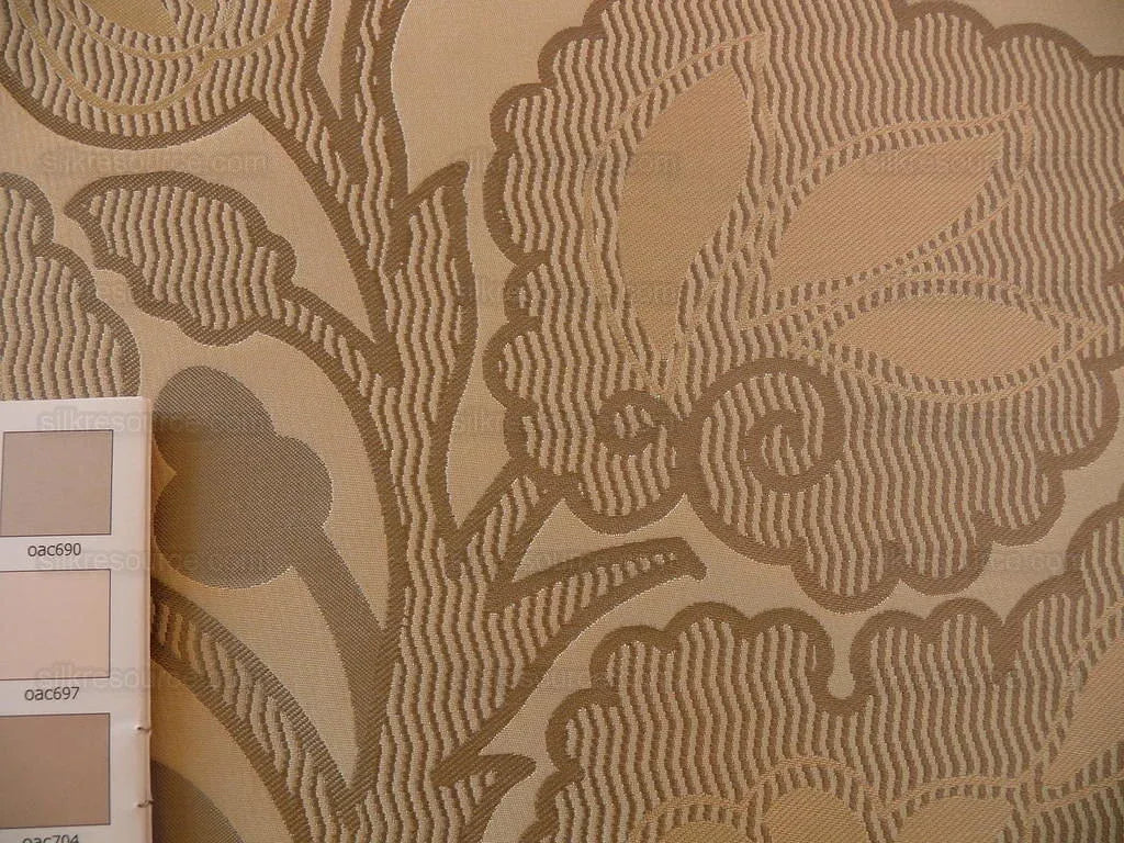 100% Silk Lampas Large Art Deco Flower Vine "tawny" Tan