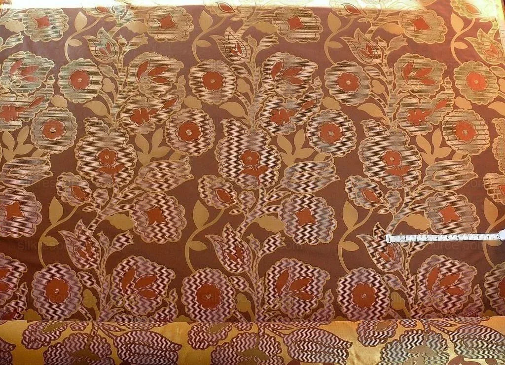 100% Silk Lampas Large Art Deco Flower Vine "cognac" Brown