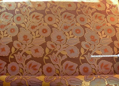 100% Silk Lampas Large Art Deco Flower Vine "cognac" Brown