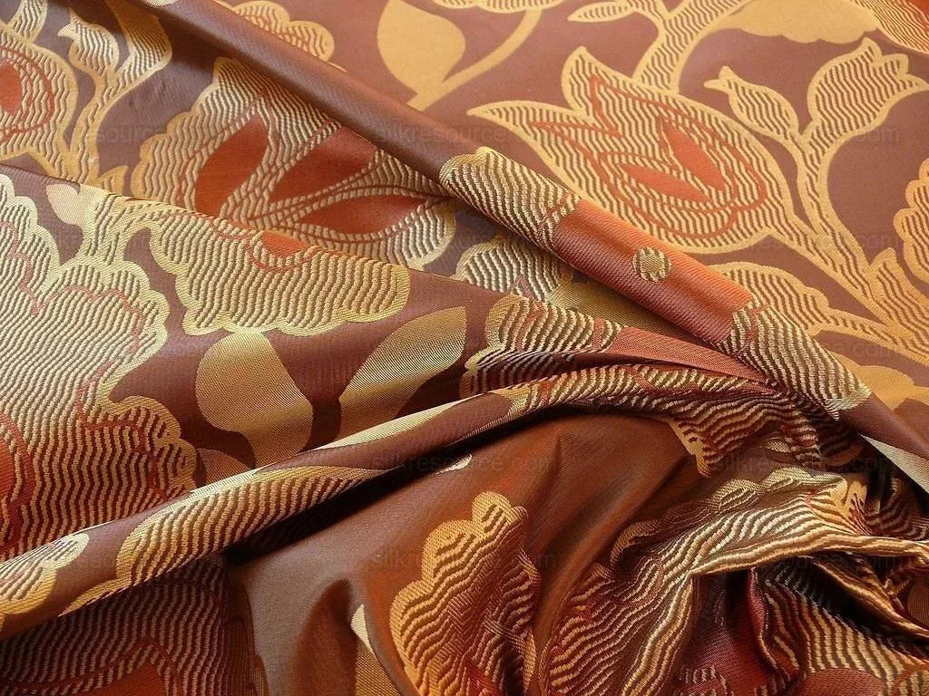 100% Silk Lampas Large Art Deco Flower Vine "cognac" Brown