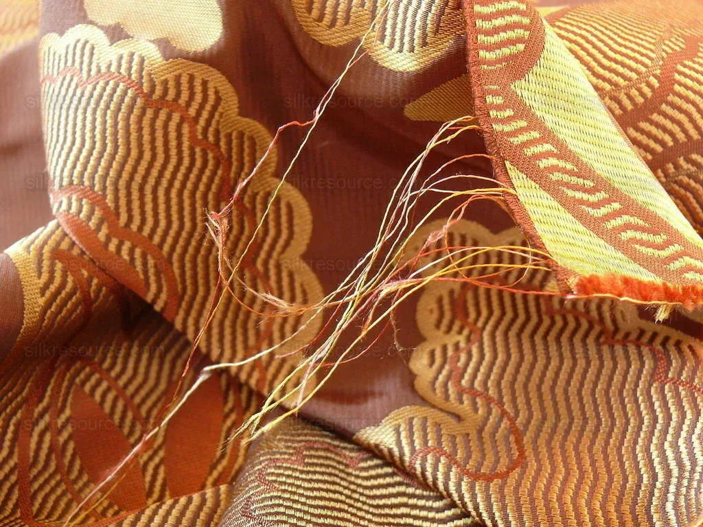 100% Silk Lampas Large Art Deco Flower Vine "cognac" Brown