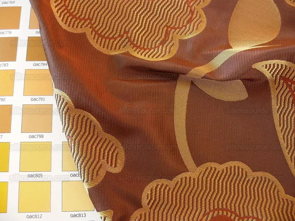 100% Silk Lampas Large Art Deco Flower Vine "cognac" Brown