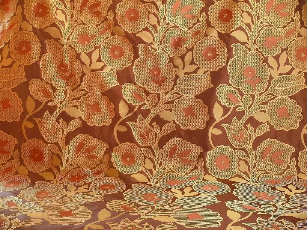 100% Silk Lampas Large Art Deco Flower Vine "cognac" Brown