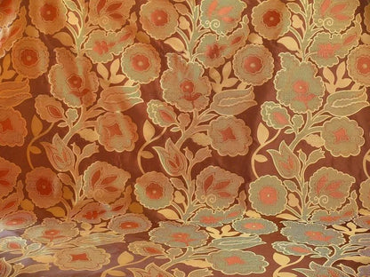100% Silk Lampas Large Art Deco Flower Vine "cognac" Brown