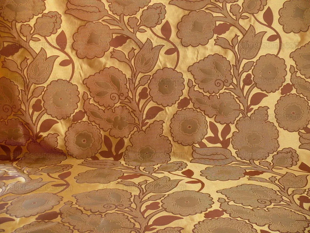 100% Silk Lampas Large Art Deco Flower Vine "cognac" Brown