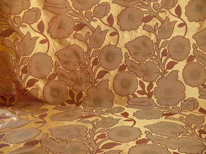 100% Silk Lampas Large Art Deco Flower Vine "cognac" Brown