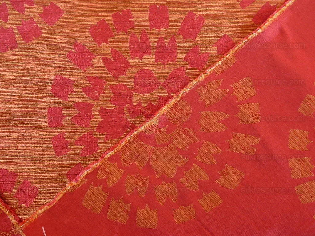 100% Silk Damask Large Modern Pinwheel "hot Pink"  Red Gold Mid-Century Bty