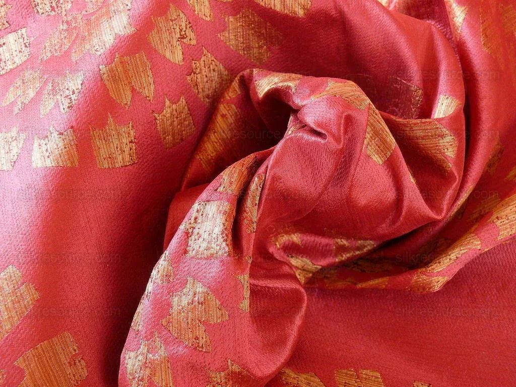 100% Silk Damask Large Modern Pinwheel "hot Pink"  Red Gold Mid-Century Bty