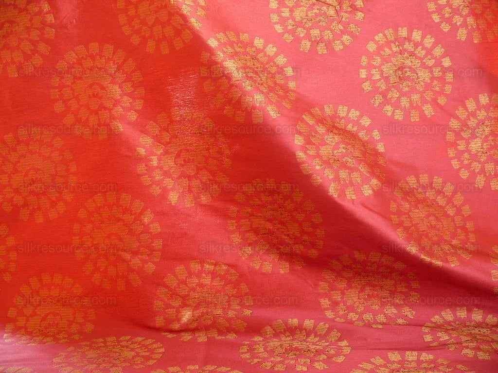 100% Silk Damask Large Modern Pinwheel "hot Pink"  Red Gold Mid-Century Bty