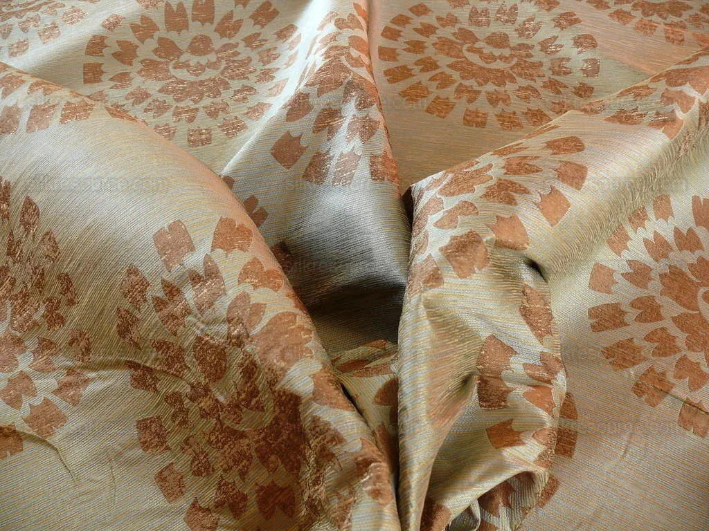 100% Silk Damask Large Modern Pinwheel "turquoise" Brown Mid-Century Bty